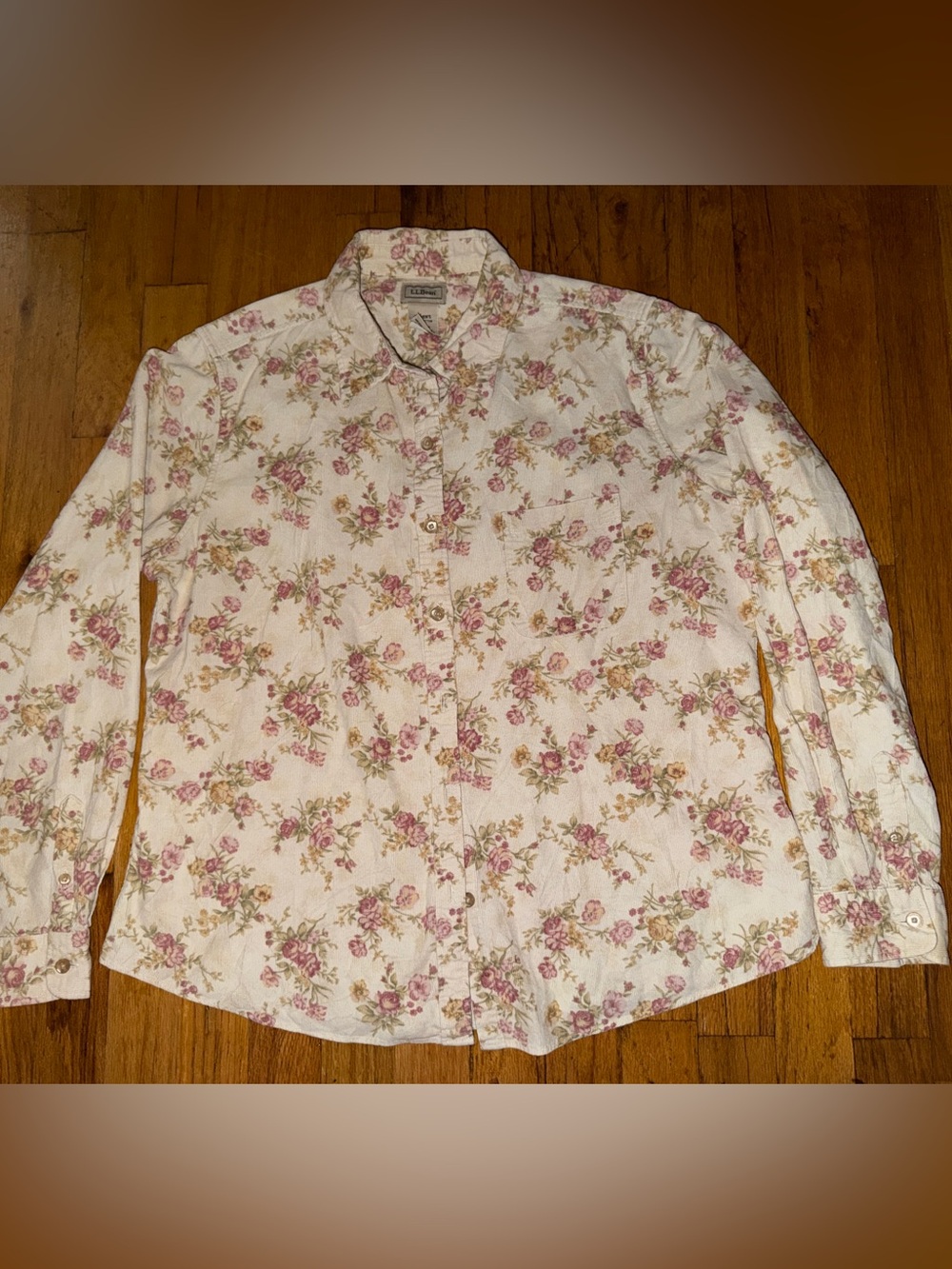 L.L. Bean Vintage Early 2000’s Cream Button Down Shirt with Pink Floral Print